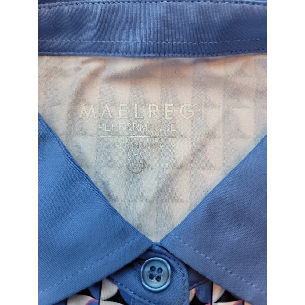 Maelreg Performance Mens Golf Polo Shirt Blue Geometric Pattern Large‎ NWT - Picture 3 of 7